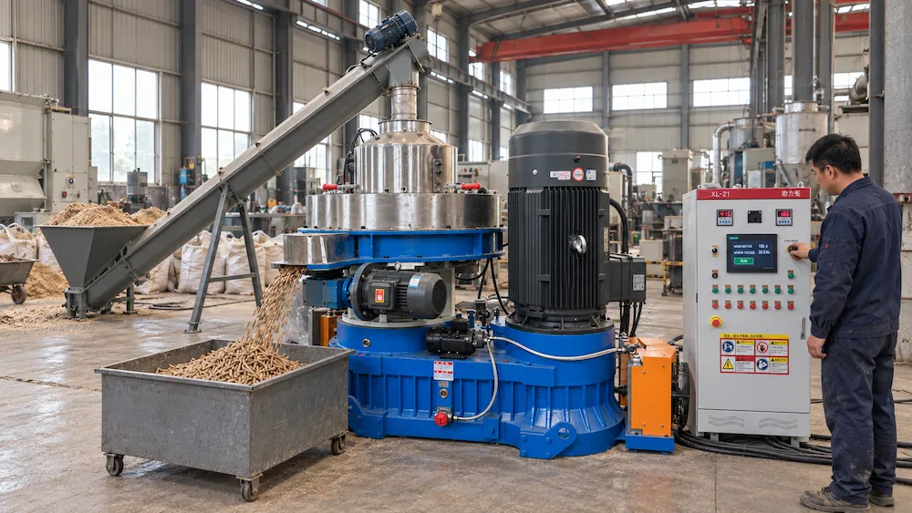 Operator adjusting feeder speed at the pellet mill control panel