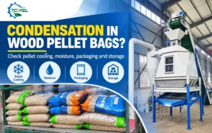 TCPEL pellet cooler beside bagged wood pellets, illustrating checks for bag condensation