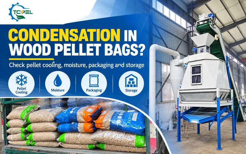 TCPEL pellet cooler beside bagged wood pellets, illustrating checks for bag condensation