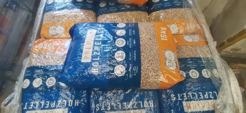 Wood pellet bag and outer pallet shroud shown separately