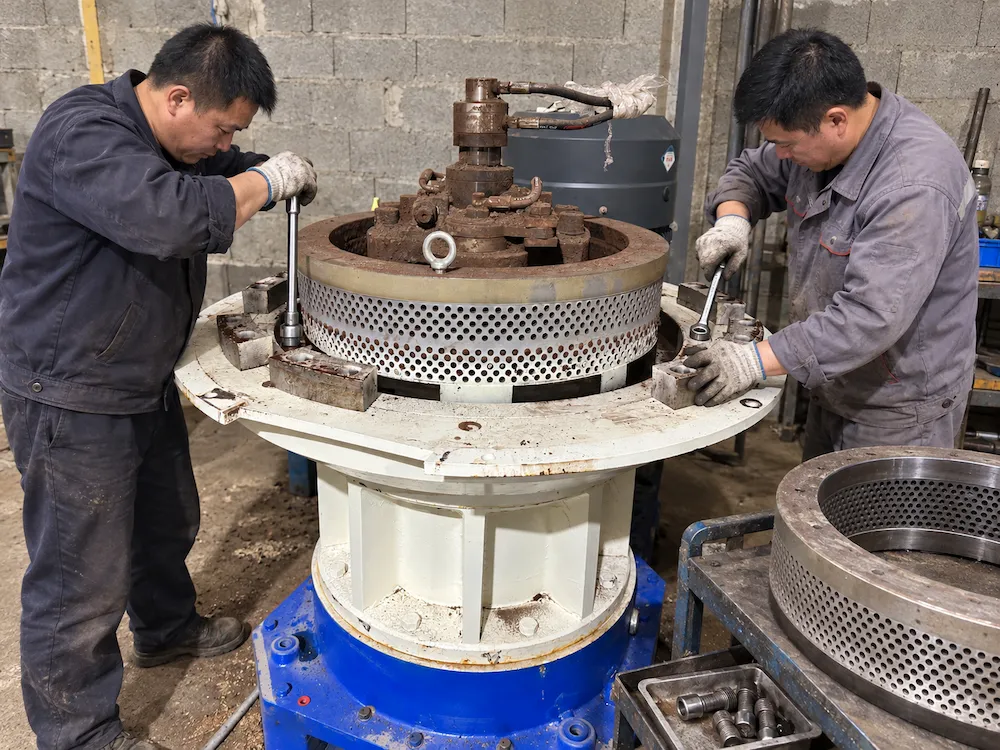 two technicians replacing ring die for vertical ring die pellet machine